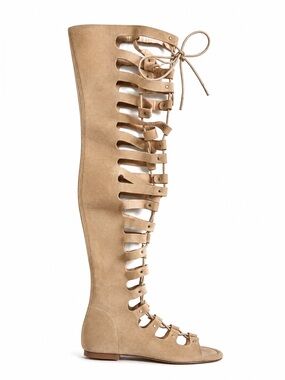 Fashion Nova Gladiator Knee High Sandals Cutout Lace-Up Faux Suede Boho Beige 6